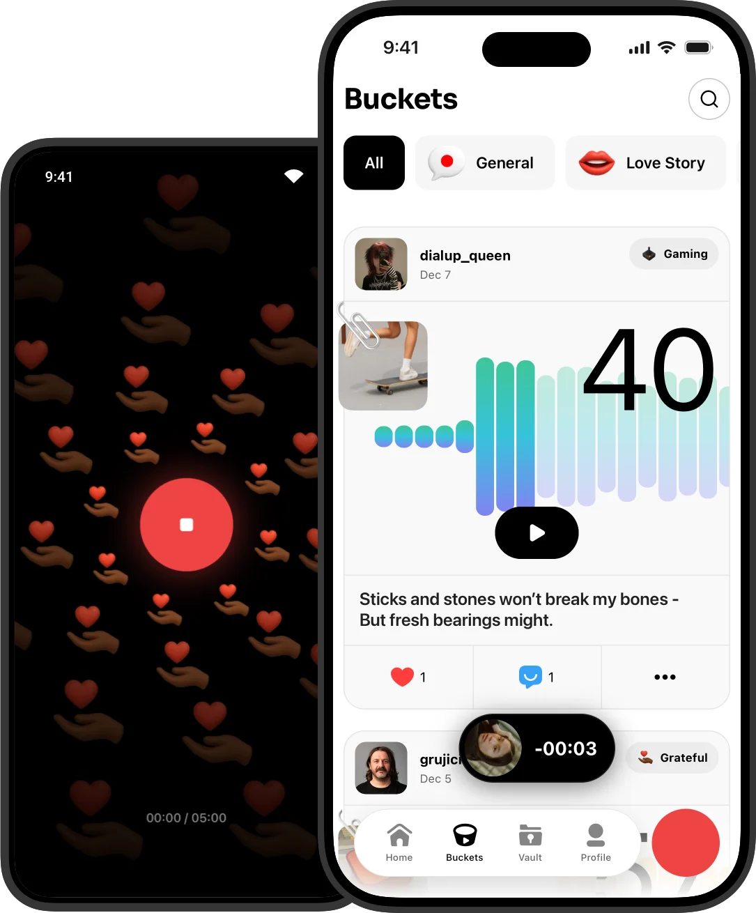 Vocial voice social network app interface showing voice posts and audio content