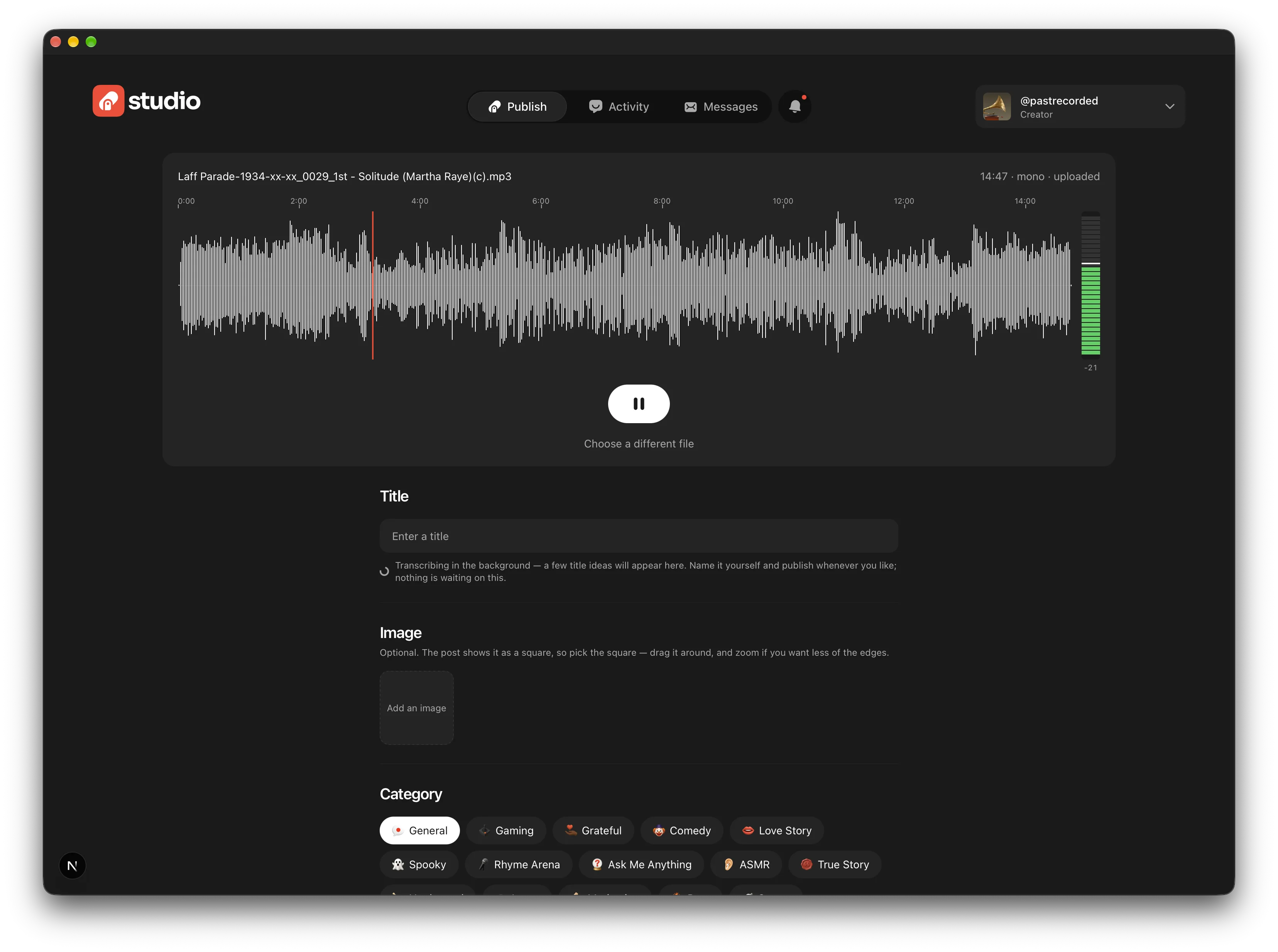 Studio’s new post screen: an uploaded recording with its full waveform, a title field and a cover image